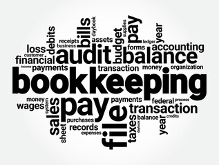 Bookkeeping is the recording of financial transactions, and is part of the process of accounting in business, word cloud concept background