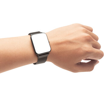 Hand wearing smart watch with screen mockup.