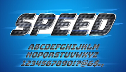 Carbon fiber font. Textured metallic letters, chrome steel alphabet for fast sport style lettering vector set