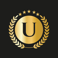 Letter U Concept Seal, Gold Laurel Wreath and Ribbon. Luxury Gold Heraldic Crest Logo Element