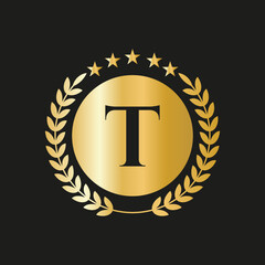 Letter T Concept Seal, Gold Laurel Wreath and Ribbon. Luxury Gold Heraldic Crest Logo Element