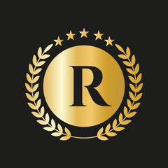 Letter R Concept Seal, Gold Laurel Wreath and Ribbon. Luxury Gold Heraldic Crest Logo Element