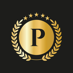 Letter P Concept Seal, Gold Laurel Wreath and Ribbon. Luxury Gold Heraldic Crest Logo Element