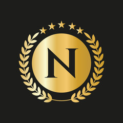 Letter N Concept Seal, Gold Laurel Wreath and Ribbon. Luxury Gold Heraldic Crest Logo Element