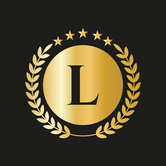 Letter L Concept Seal, Gold Laurel Wreath and Ribbon. Luxury Gold Heraldic Crest Logo Element