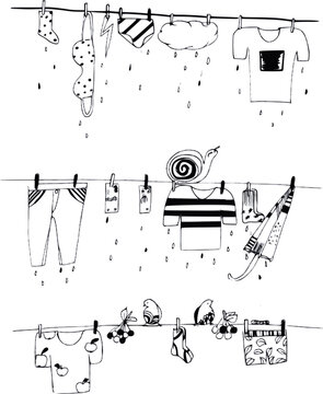 Vector Illustration Set Of Clothes Drying When It Is Raining