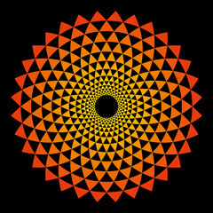 Sun symbol made of Fibonacci pattern. Arcs, arranged in spiral form, crossed by circles, creating bend triangles, similar geometrical arrangements of sunflower seeds and pine cones. Sacred Geometry.