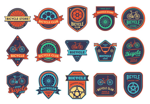 Bicycle Badge. Bike Club Sticker, Repair Service And Store Emblem. Custom Bicycles Shop Vector Set