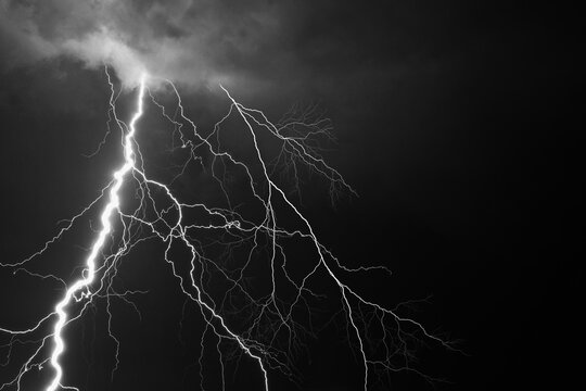 Fork lightning striking down during summer storm in black and white