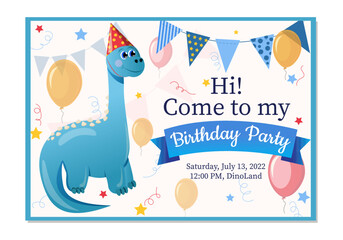 Invitation to the Birthday. Children's holiday certificate. Blue dinosaur in a festive cap and with balloons
