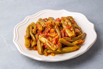 Traditional delicious Turkish food; Green beans with olive oil; Turkish name; Zeytinyagli taze fasulye