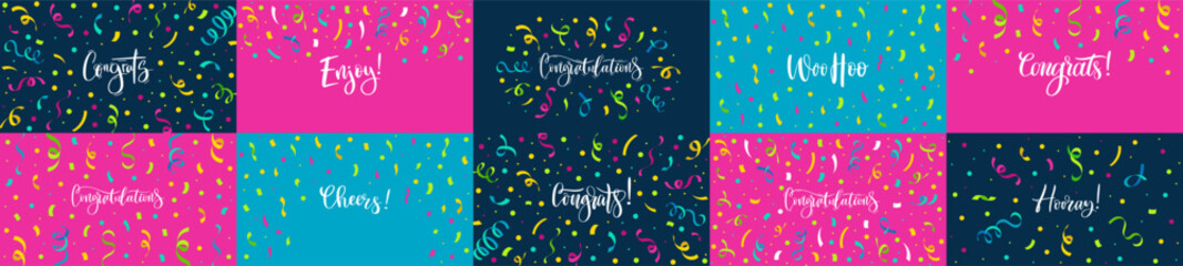 Congratulations banners. Congrats lettering with confetti, enjoy celebration poster and hooray card vector set
