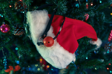 BDSM sex toys and santa hat on the christmas tree background