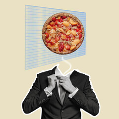 a man in a business suit with a vegan pie instead of a head. Modern design, contemporary art collage. Inspiration, creative, advertising, fashion magazine style.