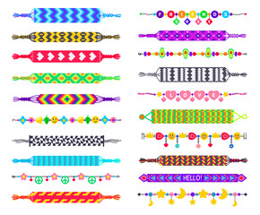 Handmade hippie bracelets. Friendship bands, colorful wristband and braided bracelet vector set