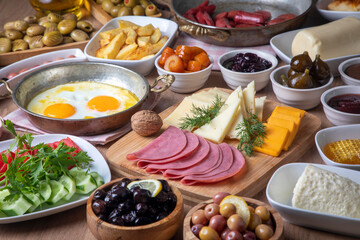 Traditional delicious Turkish breakfast, food concept photo.