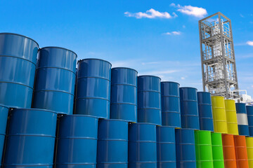 Oil barrels or chemical barrels are located at the base.