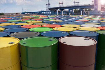 Oil barrels or chemical barrels are located at the base.