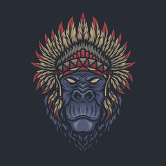 gorilla head with Indian Apache head vector design