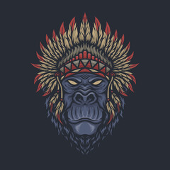 gorilla head with Indian Apache head vector design
