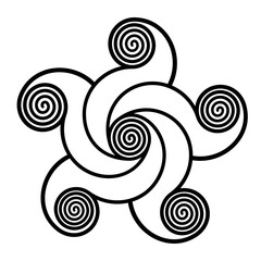 Spirals forming a pentagram shaped star. Five-pointed star, made of spirals, connected with curved lines to a spiral in the center. Modeled on a crop circle pattern, found near Devizes, Wiltshire.