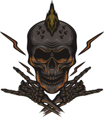 skull head with rock and roll hand vector illustration