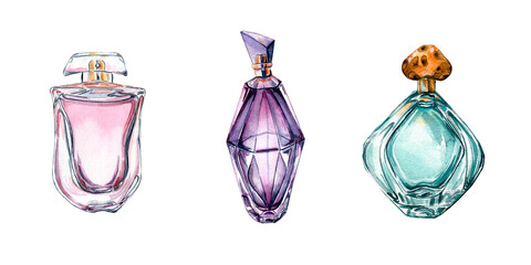 Banner of bottles with parfume watercolor illustration on white background.