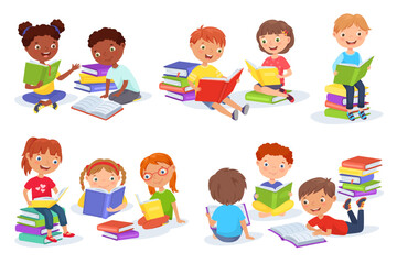 Reading kid. Cartoon children read book, literature for kids, boys and girls readers group with piles of books vector set