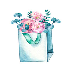 Shop bag paper watercolor illustration isolated on white background.