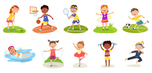 Sport kids. Basketball kid, karate boy and girl playing golf. Swimming, soccer and tennis activities. Jump rope, spin a hoop, do ballet and exercises vector set