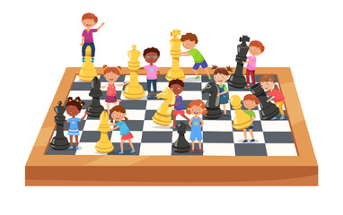 Children play giant chess. Boys and girls play with bishop, queen and knight figures on huge chessboard cartoon vector illustration