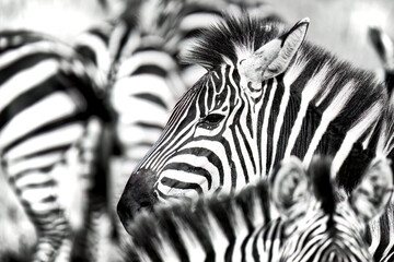 Close up of the face of a plains zebra, equus quagga, in a herd of zebra in the Masai Mara, Kenya. Black and white