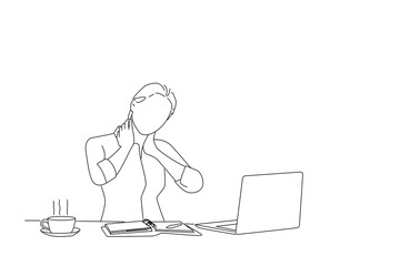 Illustration of young business woman with pain in neck in office. line art style