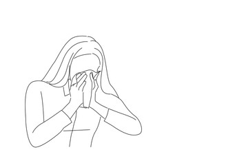Drawing of young business woman got nose allergy, flu sneezing nose. line art style