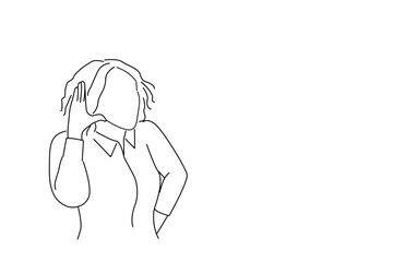 Cartoon of young beautiful woman cupping hand behind ear. line art style