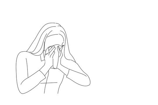 recommend clip art: Drawing of young business woman got nose allergy, flu sneezing nose. line art style