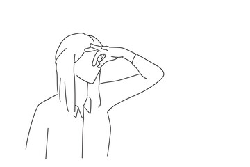 Drawing of young beautiful woman covering her nose with a bad smell. Outline drawing style art