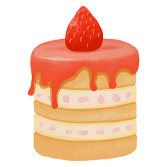 Watercolor Strawberry Cake, Hand painted sweet clipart.