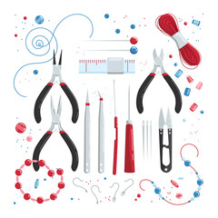 Tools and beads for making jewelry cartoon illustration set. Accessories, threads, scissors and needles for making bracelets, necklaces or earrings. Hobby, DIY, workshop, artwork, creativity concept