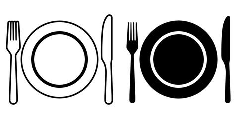 ofvs76 OutlineFilledVectorSign ofvs - cutlery vector icon . isolated transparent - empty plate . fork, knife sign . black outline and filled version . AI 10 / EPS 10 . g11385 - obrazy, fototapety, plakaty