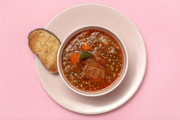Homemade lentil stew with vegetables and chorizo