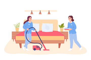 Housekeepers or hotel staff cleaning room. Professional maids or housemaid with vacuum cleaners in bedroom flat vector illustration. Hotel or cleaning service concept for banner or landing web page