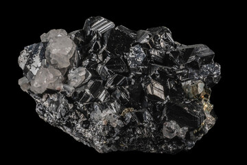 Group of sphalerite (marmatite) crystals with quartz and pyrite