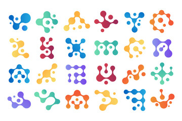 Connected molecules. Chemical icon, metaball shape and biology science data vector symbols set