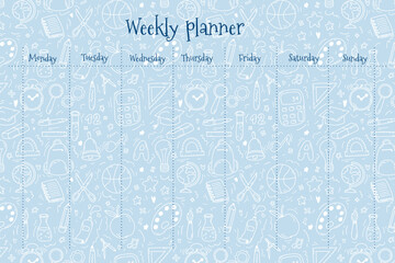 Weekly planner for kids on doodle blue background with school supplies items. Colorful vector illustration for stationary, schedule, list, school timetable, extracurricular activities