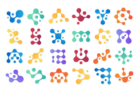 Connected molecules. Chemical icon, metaball shape and biology science data vector symbols set