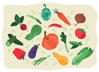 vector vegetables icon set isolated on green background. vector illustration