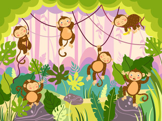 Obraz na płótnie Canvas Jungle monkey. Funny ape hanging on lianas, wild monkeys in various poses on tropical tree and nature background vector illustration