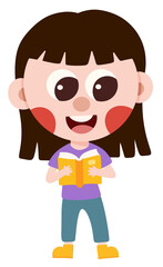 Little girl reading a book holding open character cartoon