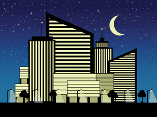Landscape of a modern night city with skyscrapers. Vector illustration. - 522571555